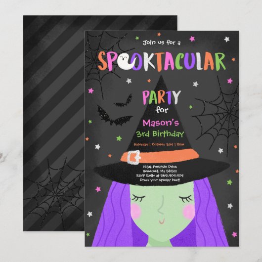 Invitation Halloween jolie sorcière Anniversaire fête Spookta (Devant / Derrière)