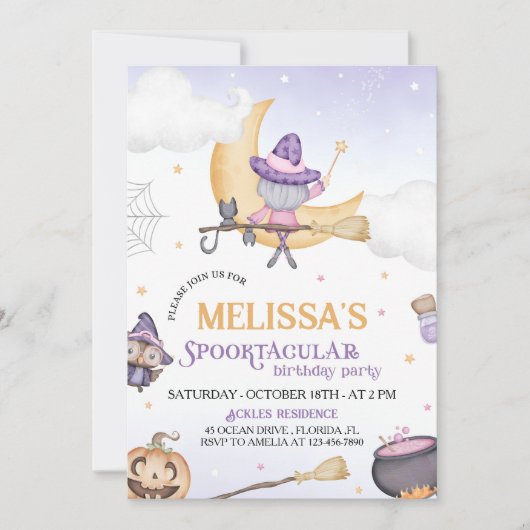 Invitation Halloween jolie sorcière Anniversaire fête Spookta (Devant)