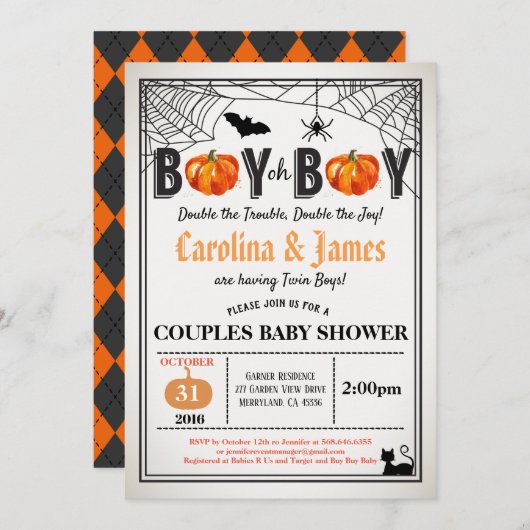Invitation Halloween jumeaux citrouilles garçon douche coed r (Devant / Derrière)