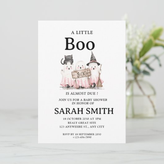 Invitation Halloween Little Boo est presque due Baby shower I (Debout devant)