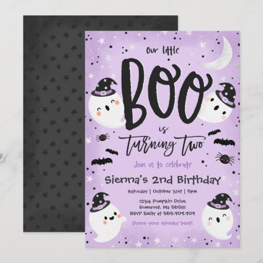 Invitation Halloween Little Boo Purple Ghost 2e anniversaire (Devant / Derrière)