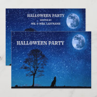 Halloween Loup Noir Arbre Marine Bleu Pleine lune