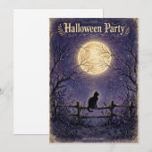 Invitation Halloween Lune Clair de Lune Chat Noir (Devant / Derrière)