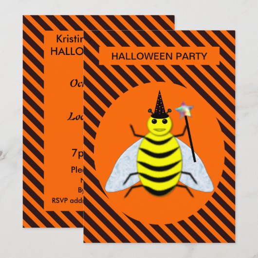 Invitation Halloween Magic Bee Witch Orange et Black Stripes (Devant / Derrière)