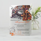 Invitation Halloween mascarade à masques orange (Debout devant)