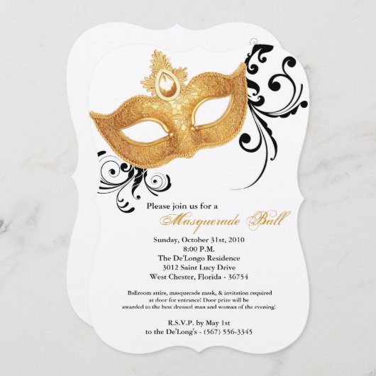 Invitation Halloween masqué à la boule dorée (Devant / Derrière)