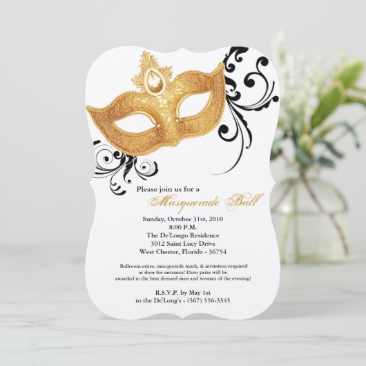 Invitation Halloween masqué à la boule dorée (Debout devant)