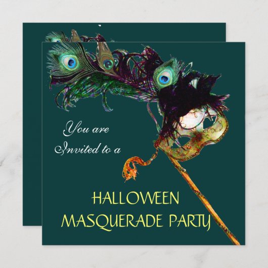 Invitation HALLOWEEN MASQUERADE PARTY, JAUNE Vert (Devant / Derrière)