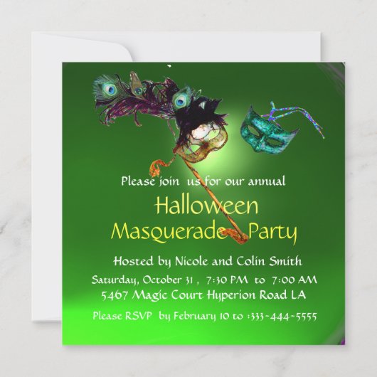 Invitation HALLOWEEN MASQUERADE PARTY Vert jaune noir bleu (Dos)