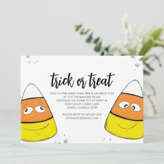 Invitation Halloween mignon bonbon Corn Trac Ou Treat Script (Debout devant)