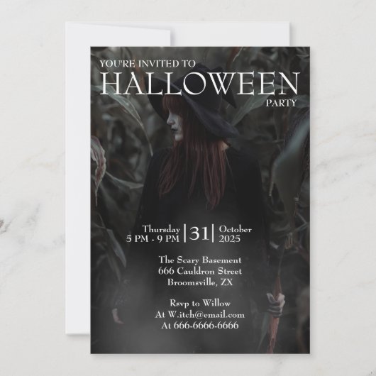 Invitation Halloween Modern Gothic Witch in Dark Forest (Devant)