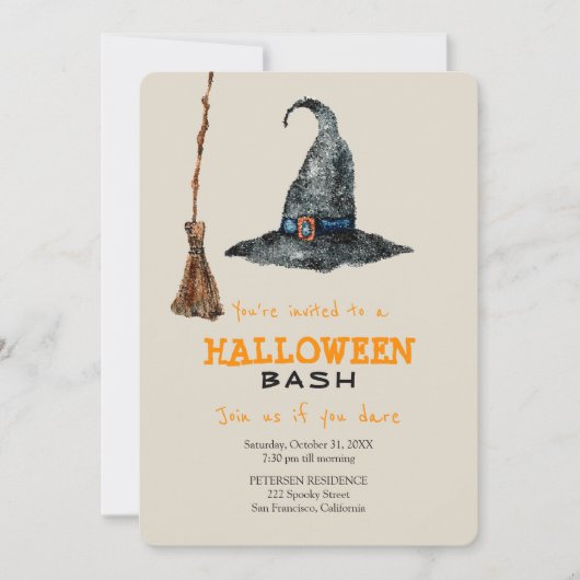 Invitation Halloween moderne simple balai et sorcière casquet (Devant)