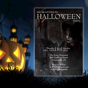 Invitation Halloween Moderne Sorcière Gothique Balai Photo So