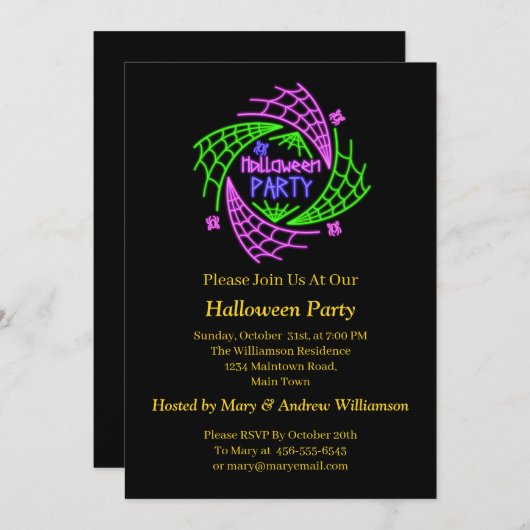 Invitation Halloween Neon Glow Look Spider Web Party (Devant / Derrière)