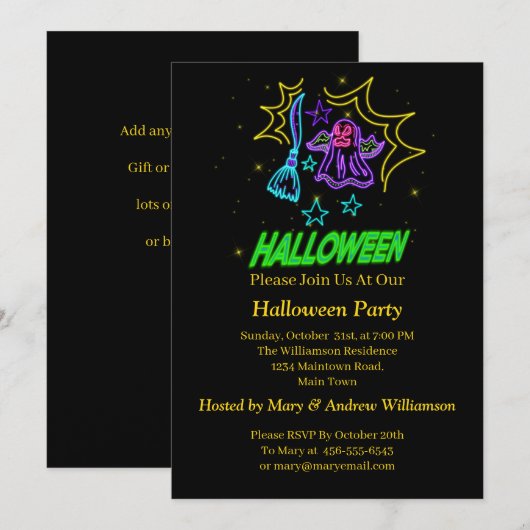 Invitation Halloween Neon Llow Look Purple Ghost Broom Party (Devant / Derrière)