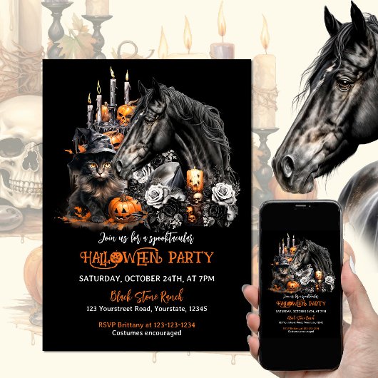 Invitation Halloween noir Cheval noir Chat éffrayant