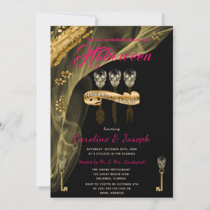 Invitation Halloween Noir, Clés de Crâne en Or Dîner de Répét