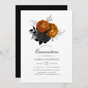 Invitation Halloween noir et orange Quinceañera Floral