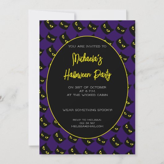 Invitation Halloween noir et violet chat yeux jaune motif (Devant)