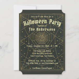 Invitation Halloween Noir Or Toiles d'araignées & Étoiles Vin