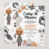 Invitation Halloween Orange Appeler tous les monstres Anniver (Devant / Derrière)
