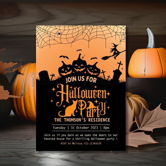 Invitation Halloween orange moderne et noir hanté