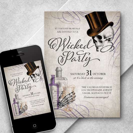 Invitation Halloween Parti Adulte Crâne Vintage