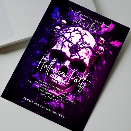 Invitation Halloween Party Adulte bleu foncé pourpre crâne
