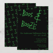 Invitation Halloween Party Boos and Booze Green Black (Devant / Derrière)