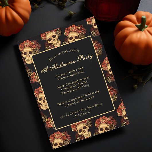 Invitation Halloween Party Gothique crâne Noir Rouge Rose Cou