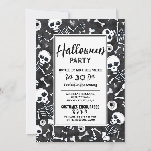 Invitation Halloween Party Haunted Skeltons noir blanc (Devant)