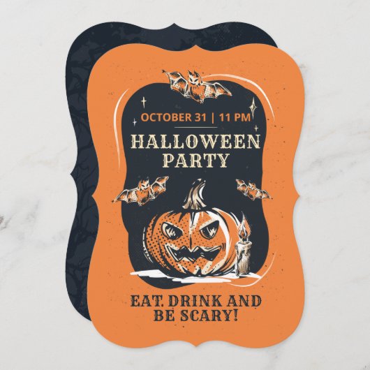 Invitation Halloween Party Jack-o'-lantern et chauves-souris (Devant / Derrière)