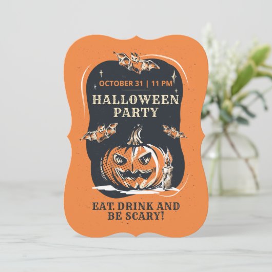Invitation Halloween Party Jack-o'-lantern et chauves-souris (Debout devant)