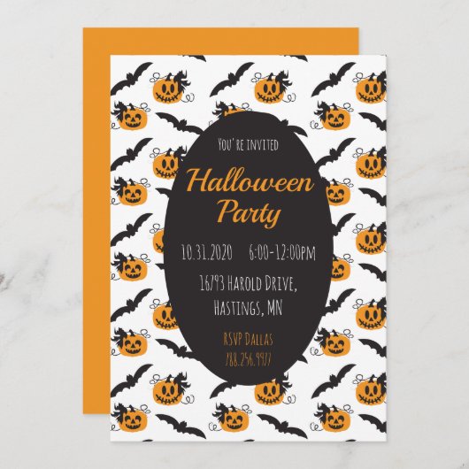 Invitation Halloween Party Jack O Lanterns Bat Black Orange (Devant / Derrière)