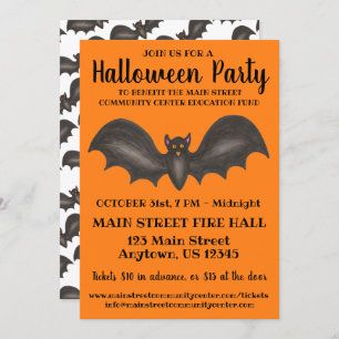 Invitation Halloween Party Orange Black Bat Trick or Treat