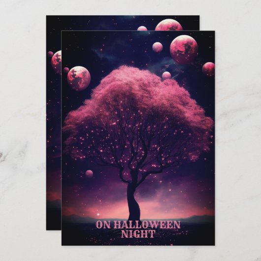 Invitation Halloween Party Pink Tree Red Moon Dark Night (Devant / Derrière)