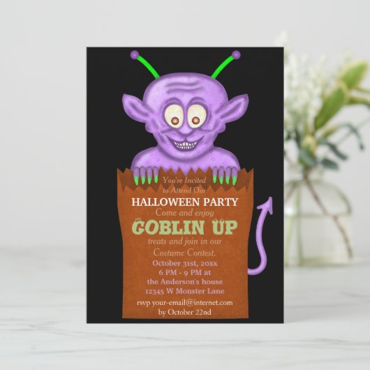 Invitation Halloween Party Purple Goblin Funny Kids (Debout devant)
