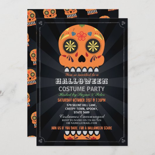 Invitation Halloween Party Sugar Skull Octobre Orange Citroui (Devant / Derrière)
