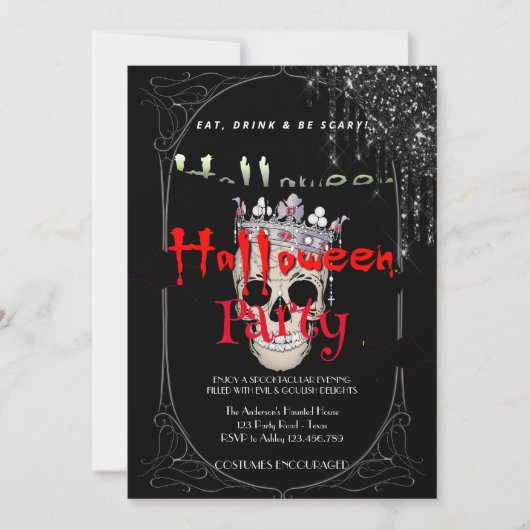 Invitation Halloween Party Vintage gothique crâne d'argent (Devant)