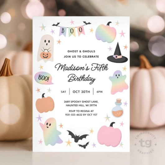 Invitation Halloween Pastel Cute Ghost Holographic Anniversai