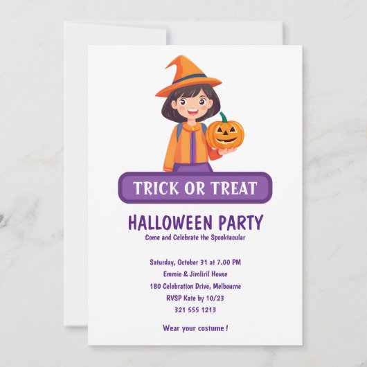 Invitation Halloween pour fille au citrouille (Devant)