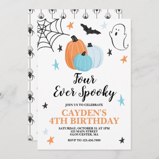 Invitation Halloween Quatre Citrouilles d'anniversaire Éffray (Devant / Derrière)