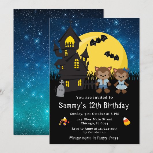Invitation Halloween Robe fantaisie Anniversaire Loup-garou b (Devant / Derrière)