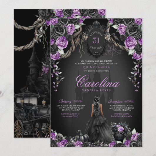 Invitation Halloween Rose noir violet princesse Quinceanera (Devant / Derrière)