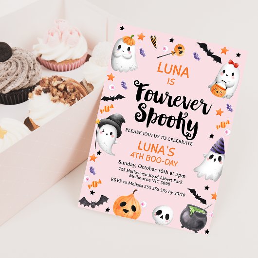 Invitation Halloween rose quatre Éffrayant 4e anniversaire