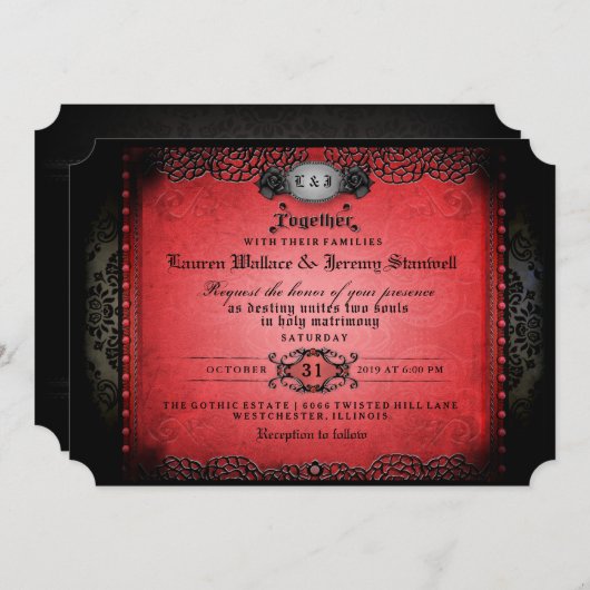 Invitation Halloween Rouge Noir Gothique Ensemble Wed RÉCEPTI (Devant / Derrière)