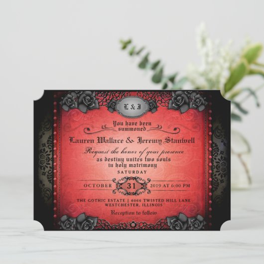 Invitation Halloween Rouge & Noir Mariage gothique RÉCEPTION (Debout devant)