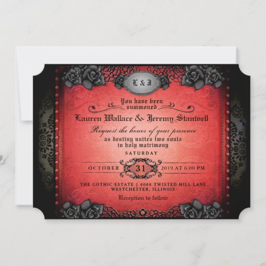 Invitation Halloween Rouge & Noir Mariage gothique RÉCEPTION (Devant)