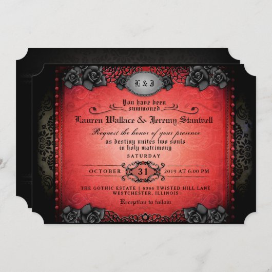 Invitation Halloween Rouge & Noir Mariage gothique RÉCEPTION (Devant / Derrière)