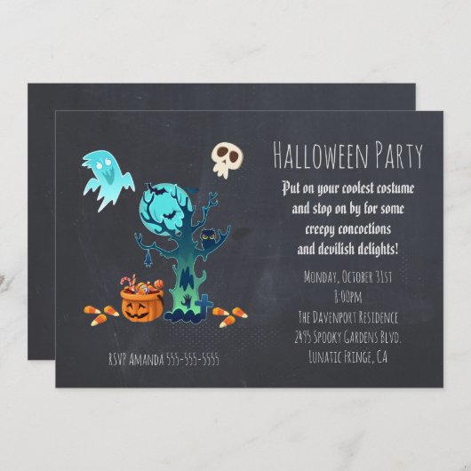 Invitation Halloween - Scène Éffrayante Avec Bonbo (Devant / Derrière)